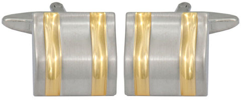 Rhodium Plated Square Cufflinks with Curved Face and Gold Plated lines