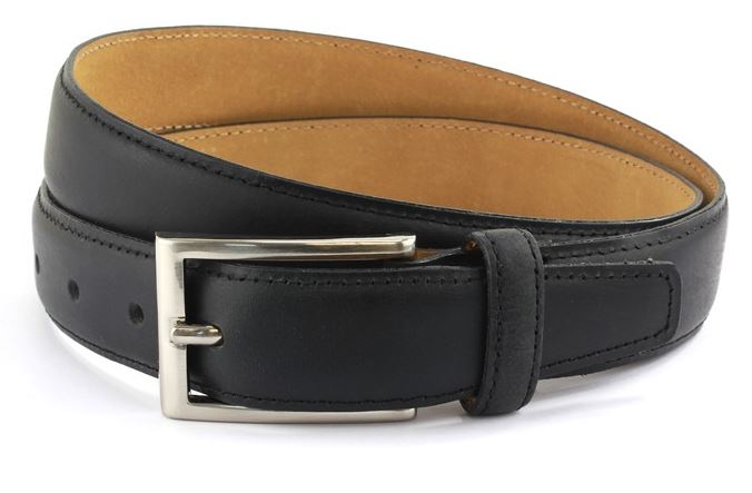 Black waxed leather belt with brushed nickle buckle