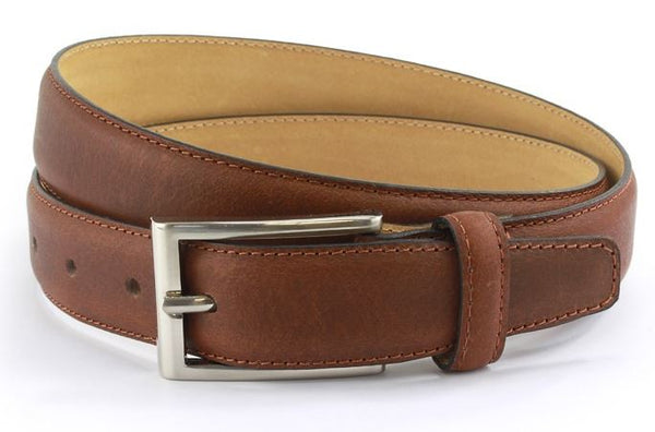 Brown waxed leather belt with brushed nickle buckle