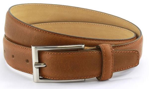 Tan waxed leather belt with brushed nickle buckle