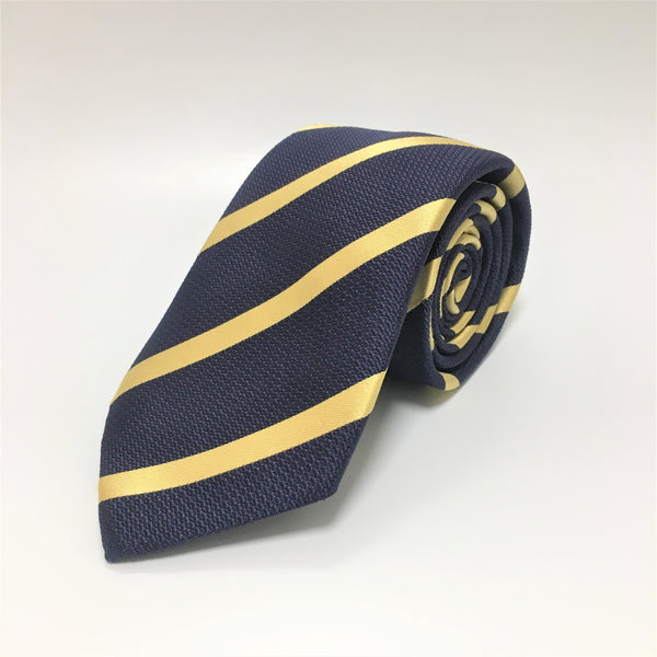 Navy silk tie with diagonal contrast gold stripe