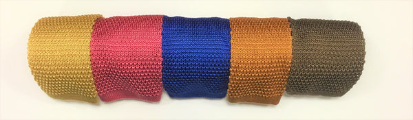 Knitted silk ties in colour order Yellow, Pink, Royal, Mustard, Nutmeg