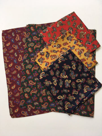 Burgundy, Bottle, Navy, Red, and Ochre paisley print pocket squares