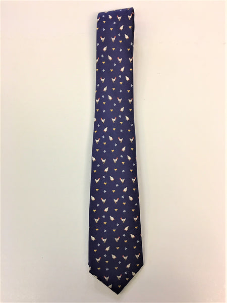 Air force blue silk tie with chicken and flower print