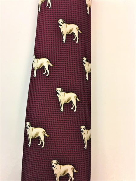 Burgundy hounds tooth silk tie with Labrador print close up