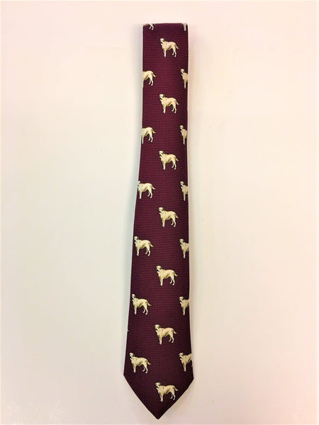 Burgundy hounds tooth silk tie with Labrador print