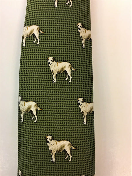 Green hounds tooth silk tie with Labrador print close up