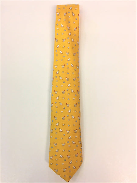 Yellow silk tie with chicken print