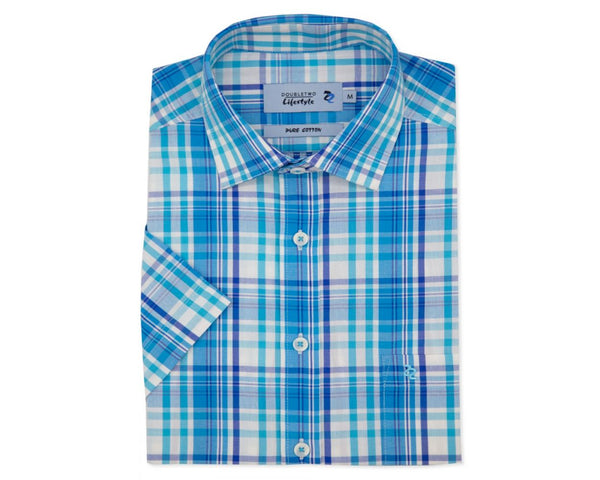 Blue Plain Weave Check Short-sleeve Shirt